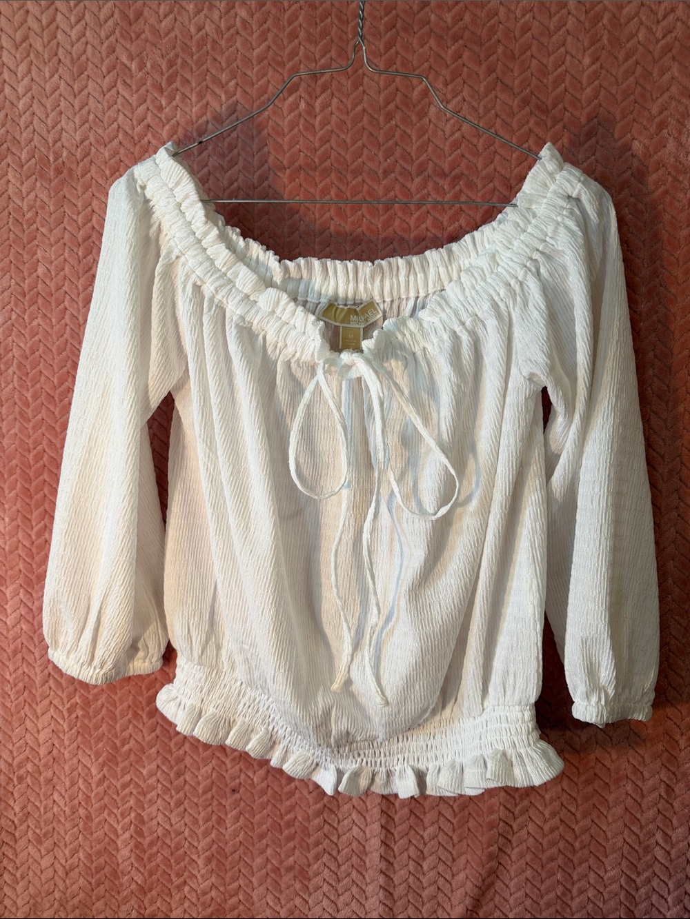 MICHAEL Michael Kors White Peasant Off-Shoulder Tie Blouse